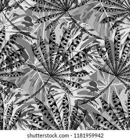 Tropical Trees. Seamless Pattern with Indonesian Jungle. Vintage Black and White Texture for Wallpaper, Swimwear, Underwear. Vector Tropical Pattern.