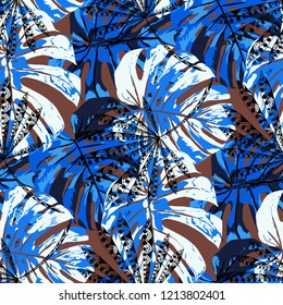 Tropical Trees. Seamless Pattern with Indonesian Jungle. Retro Colorful Texture for Paper, Swimwear, Textile. Vector Tropical Pattern.