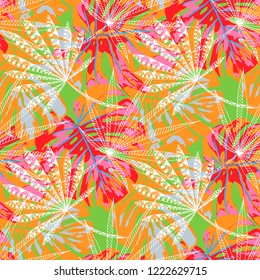 Tropical Trees. Seamless Pattern with Indonesian Jungle. Trendy Colorful Texture for Print, Swimwear, Underwear. Vector Tropical Pattern.
