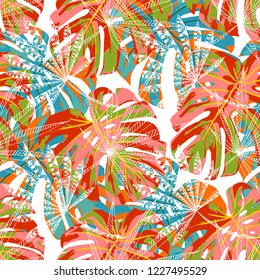 Tropical Trees. Seamless Pattern with Indonesian Rainforest. Modern Colorful Texture for Print, Swimwear, Underwear. Vector Tropical Pattern.