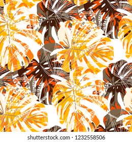 Tropical Trees. Seamless Pattern with Indonesian Jungle. Retro Colorful Texture for Fabric, Wallpaper, Textile. Vector Tropical Pattern.