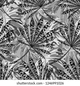 Tropical Trees. Seamless Pattern with Indonesian Rainforest. Vintage Black and White Texture for Fabric, Textile, Linen. Vector Tropical Pattern.