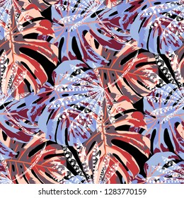 Tropical Trees. Seamless Pattern with Indonesian Jungle. Retro Colorful Texture for Fabric, Wallpaper, Linen. Vector Tropical Pattern.