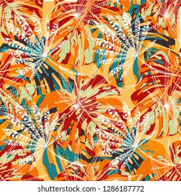 Tropical Trees. Seamless Pattern with Indonesian Jungle. Vintage Colorful Texture for Paper, Swimwear, Cloth. Vector Tropical Pattern.