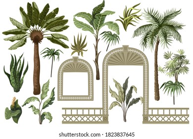 Tropical trees and windows, door openings in a garden style. Trendy interior elements isolated