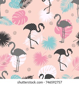 Tropical trendy background. Seamless vector pattern with flamingo and palm leaves.