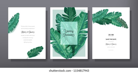Tropical trendy greeting or invitation card template design, set of poster, flyer, brochure, cover, party advertisement, dark green palm leaves in vector