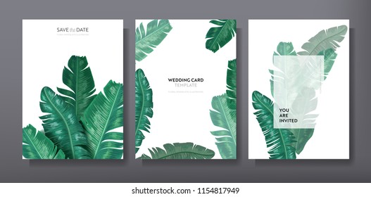 Tropical trendy greeting or invitation card template design, set of poster, flyer, brochure, cover, party advertisement, dark green palm leaves in vector