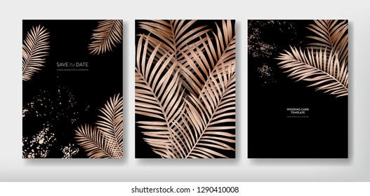 Tropical trendy greeting or invitation card template design, set of poster, flyer, brochure, cover, party advertisement, golden palm leaves in vector