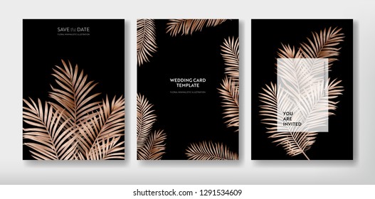 Tropical trendy greeting or invitation card template design, set of poster, flyer, brochure, cover, party advertisement, golden palm leaves in vector