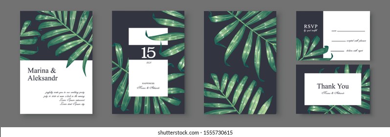 Tropical, trendy, greeting or invitation card, template design with palm leaves. Green foliage in realistic style with high details. Set of poster, flyer brochure, cover, party advertisement.