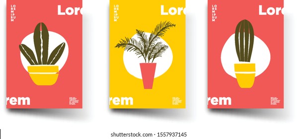 Tropical, trendy, greeting or invitation card, template design with vase of plants. Set of poster, flyer brochure, cover, party advertisement.