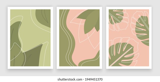Tropical, trendy, greeting or invitation card, template design with green palm leaves. Banana leaves in realistic style with high details. Set of poster, flyer brochure, cover, party advertisement