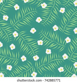 Tropical trendy pattern with palm leaves and yellow flowers, chamomile. Vintage fashion pattern on blue background.For textile, texture, fabric, wallpaper and t-shirt design.Vector illustration.