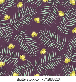 Tropical trendy pattern with palm leaves and yellow flowers.Vintage fashion background.For textile,texture,fabric,wallpaper and t-shirt design.Vector illustration.