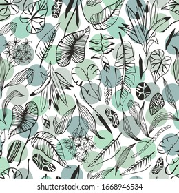 Tropical trendy seamless pattern with exotic palm leaves.