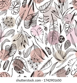 Tropical trendy seamless pattern with exotic palm leaves.