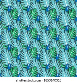Tropische trendige, nahtlose Muster mit exotischen Palmen, mit Blättern von Monstera. Dekorativ, abstrakt. Geeignet für Vorhänge, Tapeten, Stoffe, Fliesen, Wickelpapier.