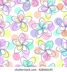 Tropical trendy seamless pattern with exotic flowers on a polka dot background. Tropical flower plumeria