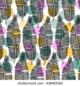 Tropical trendy seamless pattern with exotic palm leaves. Vector.