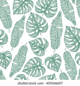 Tropical trendy seamless pattern with exotic palm leaves.