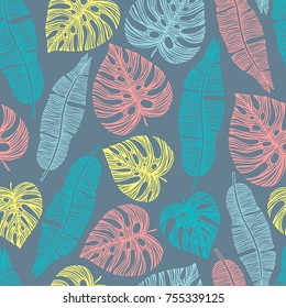 Tropical trendy seamless pattern with exotic palm leaves. Vector.