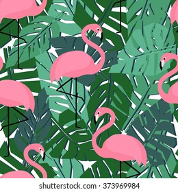 Tropical trendy seamless pattern with flamingos and palm leaves. Exotic Hawaii art background. Design for fabric and decor. 