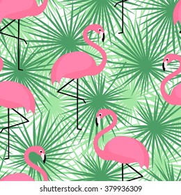 Tropical trendy seamless pattern with flamingos and palm leaves. Exotic Hawaii art background. Design for fabric and decor. Summer fashion print. Pink flamingo illustration.