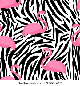 Tropical trendy seamless pattern with flamingos and zebra print. Exotic Hawaii art background. Design for fabric and decor. Summer fashion print. Pink flamingo illustration. Animal skin zebra stripes.