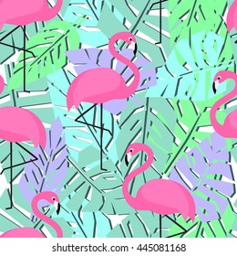 Tropical trendy seamless pattern with flamingos and palm leaves. Exotic Hawaii art background. Fashion design for textile, wallpaper, web, fabric and decor.