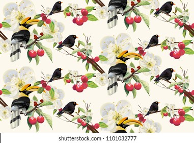 Tropical trendy seamless pattern with hornbill, black bird exotic flowers and leaves, flowers and Toucan.