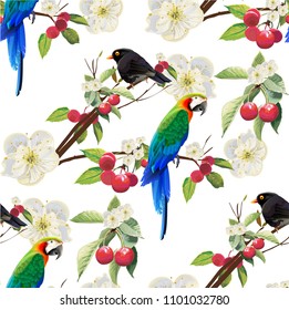 Tropical trendy seamless pattern with hornbill, black bird exotic flowers and leaves, flowers and Toucan.