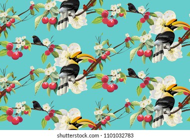 Tropical trendy seamless pattern with hornbill, black bird exotic flowers and leaves, flowers and Toucan.