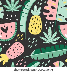 Tropical trendy seamless pattern with pineapples and palm leaves. Design for fabric, wallpaper, textile and decor. Vector illustration.