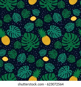 Tropical trendy seamless pattern with pineapples, lemons and green palm leaves on dark background. Exotic Hawaii art background. Fashion design for fabric, wallpaper, textile and decor.