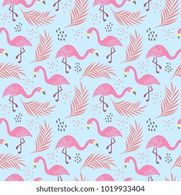 Tropical trendy seamless pattern with pink flamingos and palm leaves. Exotic Hawaii cute art background. Design for fabric and decor.