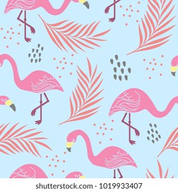 Tropical trendy seamless pattern with pink flamingos and palm leaves. Exotic Hawaii cute art background. Design for fabric and decor.
