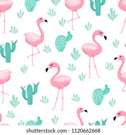 Tropical trendy seamless pattern with pink flamingos and mint green palm leaves. Exotic Hawaii art background. Design for fabric and decor.