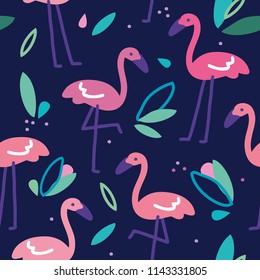 Tropical trendy seamless pattern with pink flamingos. Seamless flamingo pattern. Tropical flamingo. Exotic Hawaii art background. Design for fabric, wallpaper.