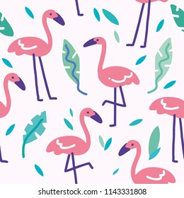 Tropical trendy seamless pattern with pink flamingos. Seamless flamingo pattern. Tropical flamingo. Exotic Hawaii art background. Design for fabric, wallpaper.