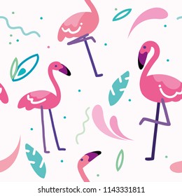 Tropical trendy seamless pattern with pink flamingos. Seamless flamingo pattern. Tropical flamingo. Exotic Hawaii art background. Design for fabric, wallpaper.