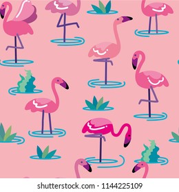 Tropical trendy seamless pattern with pink flamingos. Seamless flamingo pattern. Tropical flamingo. Exotic Hawaii art background. Summer illustration.  Design for fabric, wallpaper.