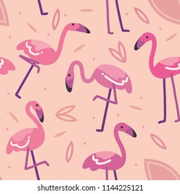 Tropical trendy seamless pattern with pink flamingos. Seamless flamingo pattern. Tropical flamingo. Exotic Hawaii art background. Summer illustration.  Design for fabric, wallpaper.