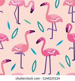 Tropical trendy seamless pattern with pink flamingos. Seamless flamingo pattern. Tropical flamingo. Exotic Hawaii art background. Summer illustration.  Design for fabric, wallpaper.