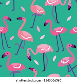 Tropical trendy seamless pattern with pink flamingos. Design for fabric, wallpaper