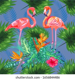 Tropical trendy seamless pattern with pink flamingos and mint green palm leaves. Exotic art background. Design
