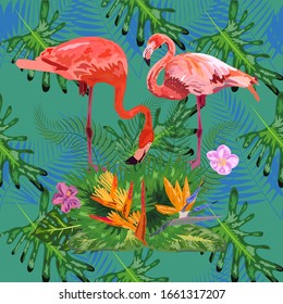 Tropical trendy seamless pattern with pink flamingos and mint green palm leaves. Exotic art background. Design