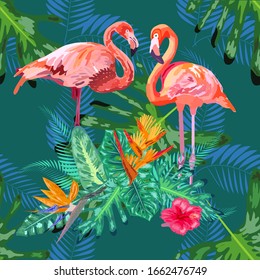 Tropical trendy seamless pattern with pink flamingos and mint green palm leaves. Exotic art background. Design