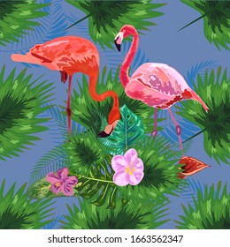 Diseño tropical a la moda, sin fisuras, con flamencos rosados y hojas de palma verde menta. Antecedentes de arte exótico.Diseño