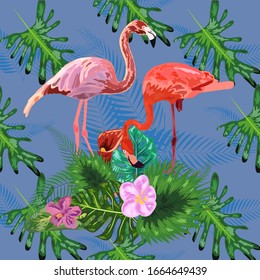 Tropical trendy seamless pattern with pink flamingos and mint green palm leaves. Exotic art background. Design